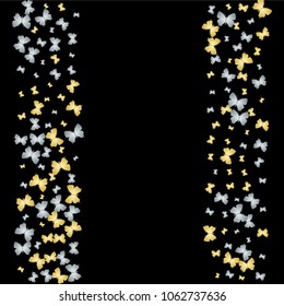 Lovely butterfly cloth vip texture on black. Season butterfly linen theme vector with gold and silver metallic silhouette. Premium repeating insect fabric artwork for marketing.