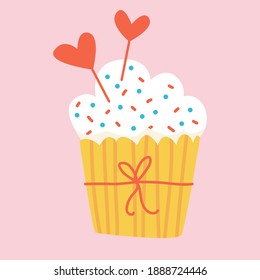 Lovely cake flat hand drawn illustration. Two hearts on  muffin. Festive pastry isolated clipart for greeting card. 