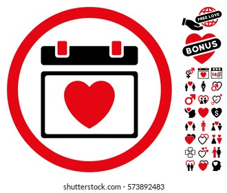 Lovely Calendar Date icon with bonus decoration pictures. Vector illustration style is flat rounded iconic intensive red and black symbols on white background.