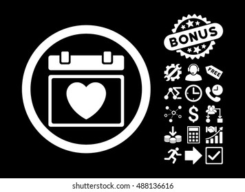 Lovely Calendar Date pictograph with bonus clip art. Vector illustration style is flat iconic symbols, white color, black background.