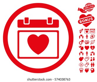 Lovely Calendar Date pictograph with bonus dating symbols. Vector illustration style is flat rounded iconic red symbols on white background.