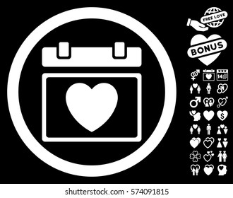 Lovely Calendar Date pictograph with bonus romantic graphic icons. Vector illustration style is flat rounded iconic white symbols on black background.