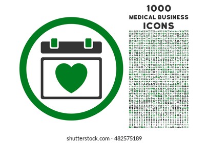 Lovely Calendar Date rounded vector bicolor icon with 1000 medical business icons. Set style is flat pictograms, green and gray colors, white background.