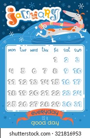 Lovely Calendar page design with cute cartoon animals and letters. Template for year 2016. Funny doodle inspirational text and illustrations. Trendy holiday background in vector. Winter, January