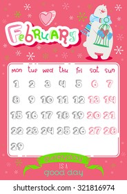 Lovely Calendar page design with cute cartoon animals and letters. Template for year 2016. Funny doodle inspirational text and illustrations. Trendy holiday background in vector. Winter, February