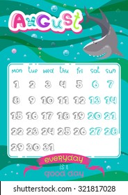 Lovely Calendar page design with cute cartoon animals and letters. Template for year 2016. Funny doodle inspirational text and illustrations. Trendy holiday background in vector. Summer, August