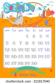 Lovely Calendar page design  with cute cartoon animals and letters. Template for year 2016. Funny doodle inspirational text and illustrations. Trendy holiday background in vector. Autumn, September