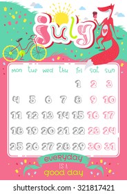 Lovely Calendar page design with cute cartoon animals and letters. Template for year 2016. Funny doodle inspirational text and illustrations. Trendy holiday background in vector. Summer, July