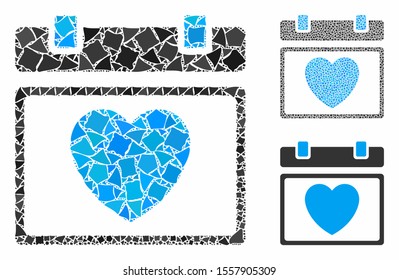 Lovely calendar page mosaic of unequal elements in different sizes and color tinges, based on lovely calendar page icon. Vector rugged elements are united into mosaic.
