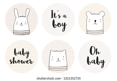 Lovely Candy Bar Baby Shower Vector Tags Set.Beige Circle Shape Tags.It's a Boy.Baby Shower and Oh Baby Tags. White Bunny, Big Bear and Sweet Cat.Gender Neutral Colors.Cute Hand Drawn Nursery Stickers