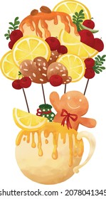 lovely candy and fruit hot air balloon. vector illustration