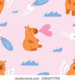 Lovely capybaras seamless pattern. Valentines day background for fabric design, packaging. Flat vector illustration.