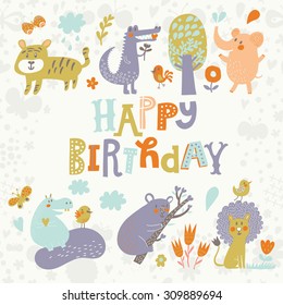 Lovely card with Crocodile, Elephant, Tiger, Hippopotamus, cute Koala and Lion in vector. Happy birthday invitation background in light pastel colors