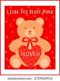 Tarjeta encantadora con un oso de peluche sosteniendo un corazón y la frase "Te amo mucho, oso" en un fondo lleno de corazón. Diseño lindo perfecto para saludos de amor, mensajes románticos y tarjetas de San Valentín