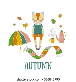 Lovely card with funny cat and  autumn. Vector Illustration eps10.
