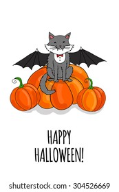 Lovely card to the Halloween with a cat in Dracula's suit and pumpkins.