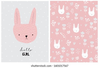 Lovely Card and Seamless Vector Pattern with Cute Bunny and Abstract Garden. Lovely Rabbit Girl on a Light Gray Background. Pink Baby Shower Vector Print for Card, Wall Art, Fabric,Textile,Invitation.