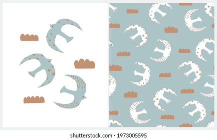 Lovely Card and Seamless Vector Pattern with Cute Seagulls and Clouds. Funny Blue and White Birds on a White and Pale Blue Background. Marine Party Vector Print for Card, Wall Art,Fabric,Decoration.