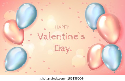 Lovely card for Valentine's Day, template with balloons. Illustration with 3D grey and pink balloons. Valentines Day background with 3d hearts on red. Vector illustration
