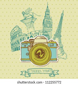 Lovely Card - Vintage Camera with Europe Architecture - in vector