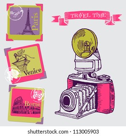 Lovely Card - Vintage Camera with Europe Architecture - in vector