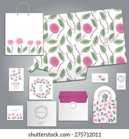 Lovely cards or invitation set with hand drawn floras in cartoon  style for any occasion includes folder A4 envelope business card and postcard, eps 10