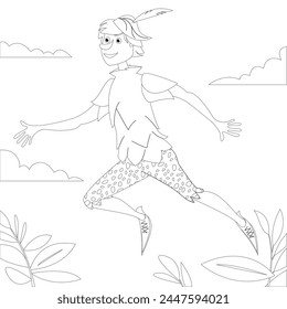 Lovely careless boy in green oufit flying in the sky. Coloring page. Vector illustration  

