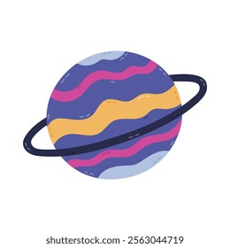 Lovely cartoon abstract planet with ring and wavy stripes. Cute hand drawn celestial body as sign of astrology, universe and esoteric. Simple fantast planet or star from Galaxy isolated on white.