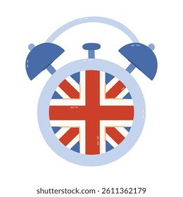 Lovely cartoon alarm clock with England flag on dial. Time to learn English illustration concept. Childish hand drawn clipart for studying foreign UK and USA language at university, school, courses.