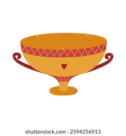 Lovely cartoon antique Greek bowl with Hellenic ornament and heart. Hand drawn classical ceramic deep wide vase with handles, vessel, jar. Trendy clipart of classical ancient pottery of Greece, Roma.