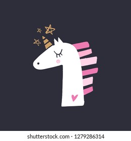Lovely cartoon applique unicorn head, baby stylish illustration, unique print for posters, cards, clothes and stationery. Clipart, sticker. Little kawaii pony