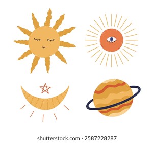 Lovely cartoon astrology set with esoteric sun symbol with wavy rays, crescent moon, tarot sunshine with all seeing eye. Cute hand drawn celestial bodies. Mystic cosmic clipart isolated on white.