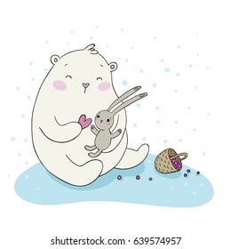 Lovely cartoon bear and hare. Basket with berries.  Happy animals. Isolated objects on white background. Vector illustration. 