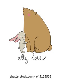 Lovely cartoon bear and hare. Happy animals. Isolated objects on white background. Vector illustration. 