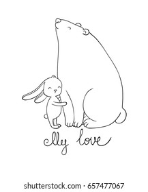 Lovely cartoon bear and hare. Happy animals. Isolated objects on white background. Vector illustration. 