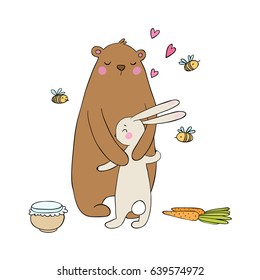 Lovely cartoon bear and hare. A pot of honey, carrots and bees.  Happy animals. Isolated objects on white background. Vector illustration. 