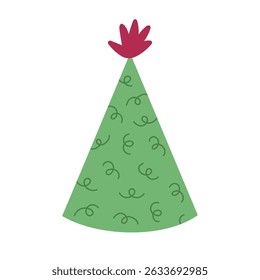 Lovely cartoon birthday party hat with pompon above and swirl and twirl decoration. Patterned paper cap with check for celebration, holiday. Colourful flat Christmas cone isolated on white background.