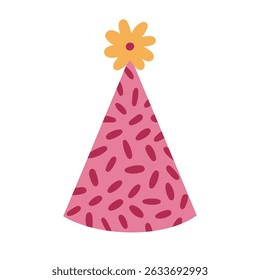 Lovely cartoon birthday party hat in vivid colors with flower above and geometric oval shapes ornament. Patterned party cone for circus, Happy Birthday. Simple flat paper cap isolated on white.