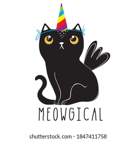 Lovely cartoon black cat unicorn face and lettering text on white background. Cute vector for clothing print and children t-shirt for girl.