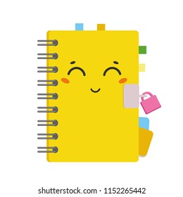 Lovely cartoon book on a spiral in a yellow cover with colored bookmarks. Cute character with a lock. Simple flat vector illustration isolated on white background