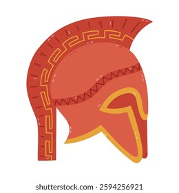 Lovely cartoon bronze Greek helmet of Spartan or gladiator with mohawk and Hellenic ornaments. Hand drawn head armor of Roman warrior, knight, king. Trendy clipart of antique military headwear.