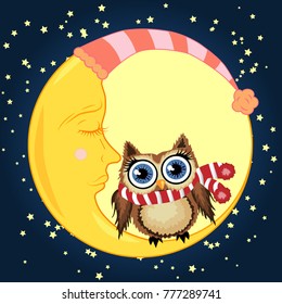 A lovely cartoon brown owl in a red scarf sits on a drowsy crescent moon against the background of the night sky with stars