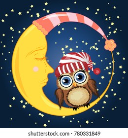 A lovely cartoon brown owl in a red hat sits on a drowsy crescent moon against the background of the night sky with stars
