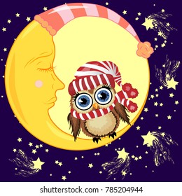 A lovely cartoon brown owl in a red hat and scarf sits on a drowsy crescent moon against the background of the night sky with stars
