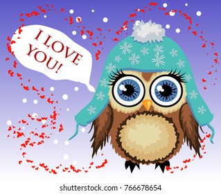 Lovely cartoon brown owl surrounded by hearts says I love you. Love in the air, Saint Valentine, postcard
