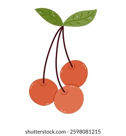 Lovely cartoon bunch of three red cherries on stem with leaves. Trendy hand drawn summertime fruit for poster, branding packaging, restaurant menu, logotype. Fresh healthy cherry isolated on white.