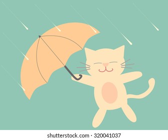 lovely cartoon cat with umbrella in the rain funny vector illustration
