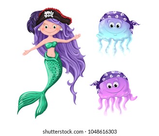 Lovely cartoon characters - a mermaid and jellyfish in pirate hats.