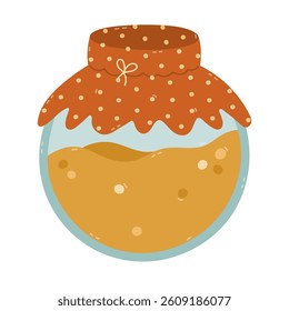 Lovely cartoon closed glass jar full of honey with textile with polka dot pattern and string bow. Childish hand drawn glassware honey pot with bubbles isolated on background. Yummy organic sweets.