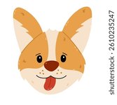 Lovely cartoon Corgi dog head with large ears, playful eyes, sticking tongue. Kids hand drawn puppy face of popular Welsh Corgi canine breed. Friendly pedigree pet isolated on white background.